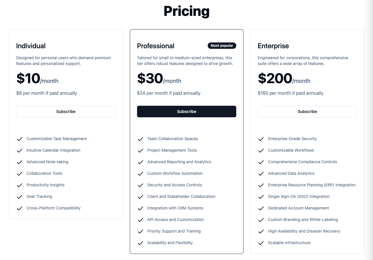 A TailwindCSS pricing table generated from Stripe products
